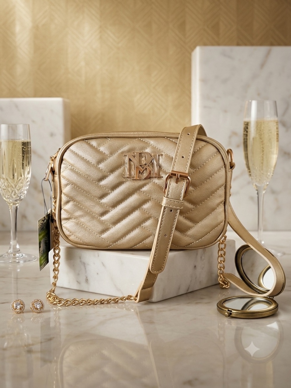 Badgley Mischka Metallic Gold Quilted Crossbody with Chain Strap